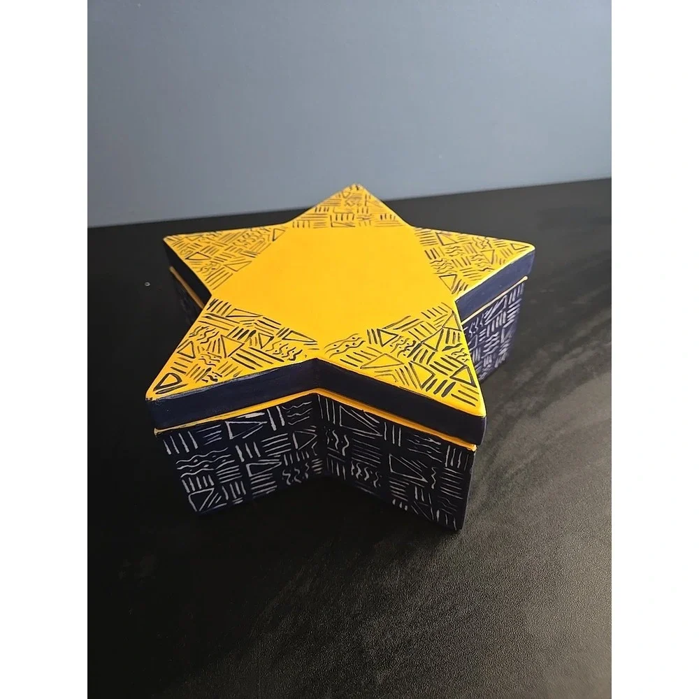 Blue, Green, and Gold Hand-Painted‎ Star-Shaped Lacquer Box